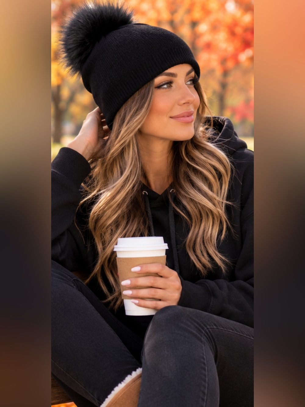 Black Beanie Knit Hat with Faux Fur Pom Pom NWT great for Fall. Stylish.